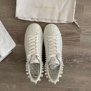 Stuart Weitzman Goldie Pearl Embellished Leather Sneakers.